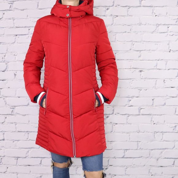 NWT Tommy Hilfiger red quilted long coat detachable hood - Picture 1 of 7